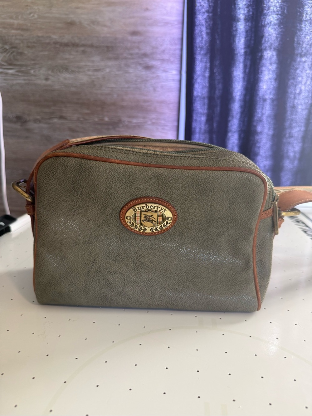 Burberry Olive Green Leather Toiletry Bag with Brown Trim